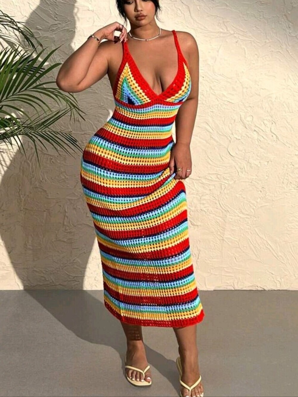 Red Multicolor Crochet Midi Dress - V-Neck Strappy Knit